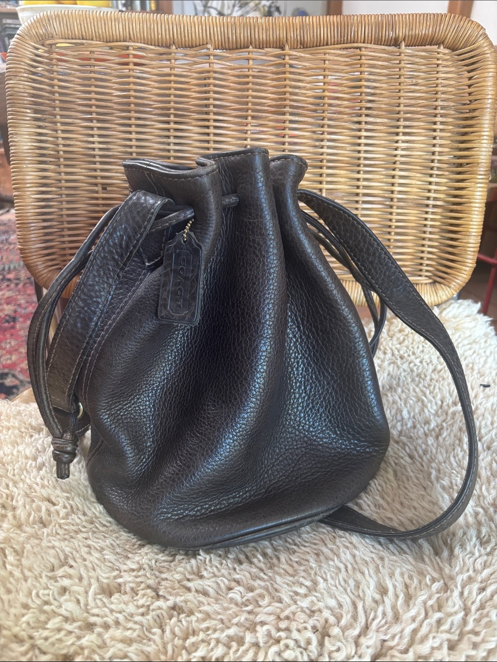 Coach Pebbled Leather Drawstring Bucket Bag in Black
